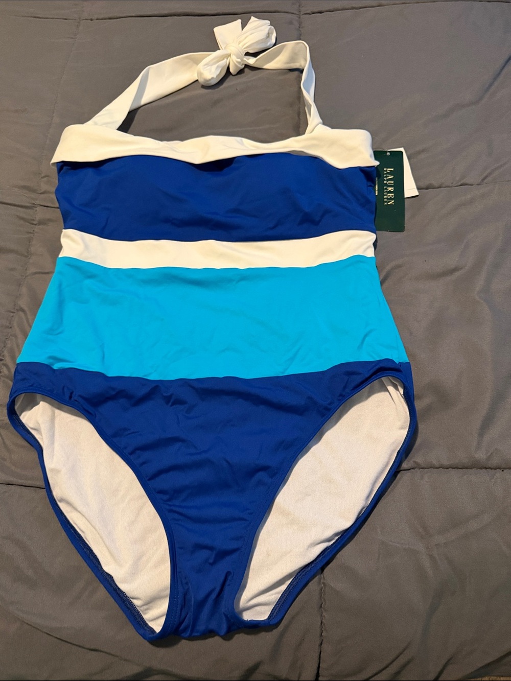 Lauren Ralph Lauren Blue, Aqua & White Stripe One-Piece Swimsuit